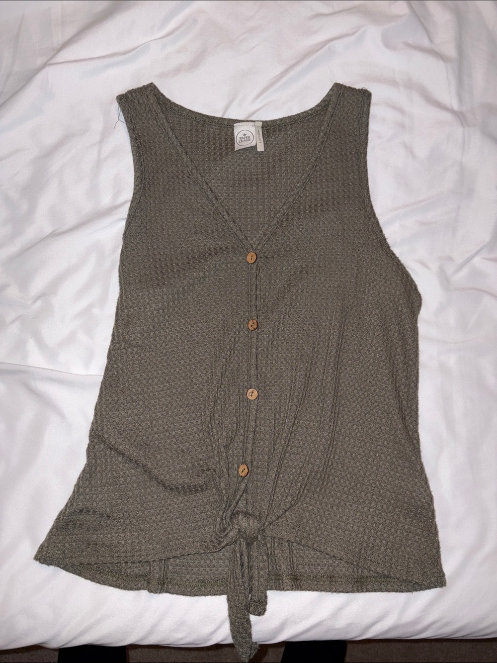 Paper Crane Olive Green Waffle Knit Tie-Front Tank